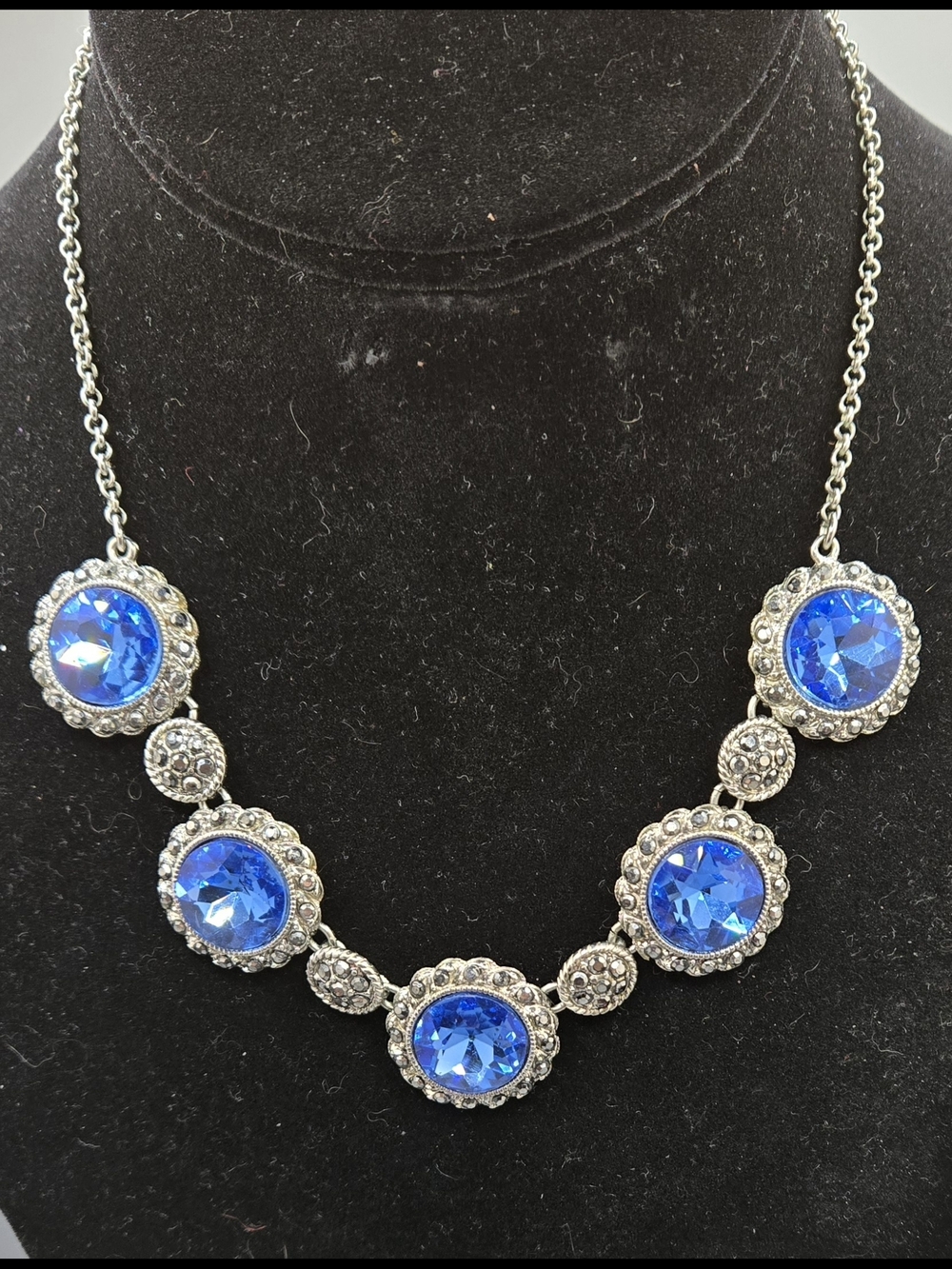 Monet Necklace with Vibrant Blue & Silver-grey Crystals 16" - 18"